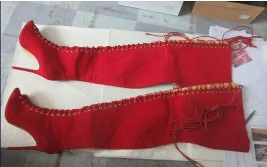 Настоящая фотография женские пикантные однотонные черные высокие сапоги из