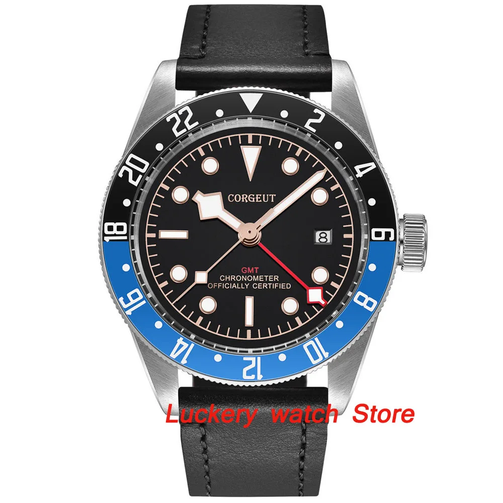 

41mm Corgeut GMT men's watch black dial luminous rotating Bezel sapphire glass Automatic movement wrist watch-CA24