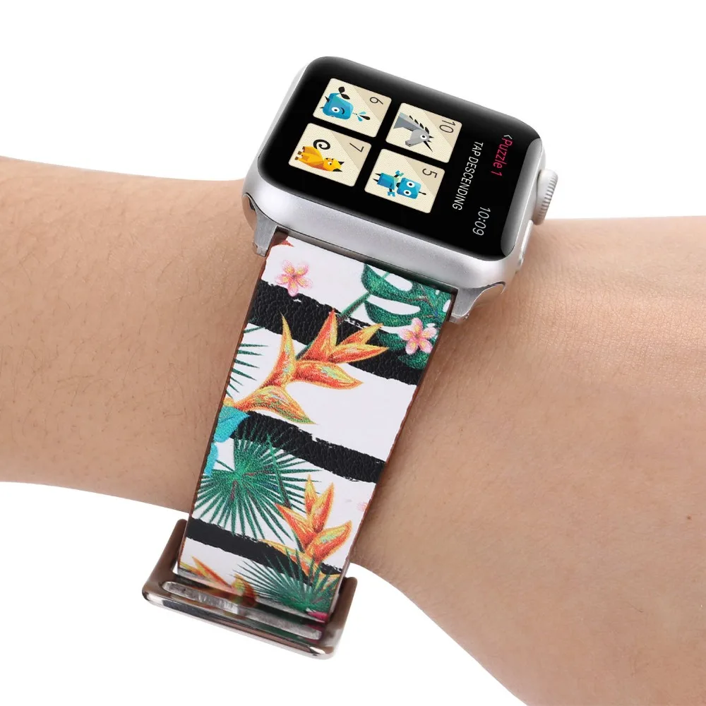 Ремешок из натуральной кожи с цветочным принтом для Apple Watch 38 мм 42 мм|Ремешки