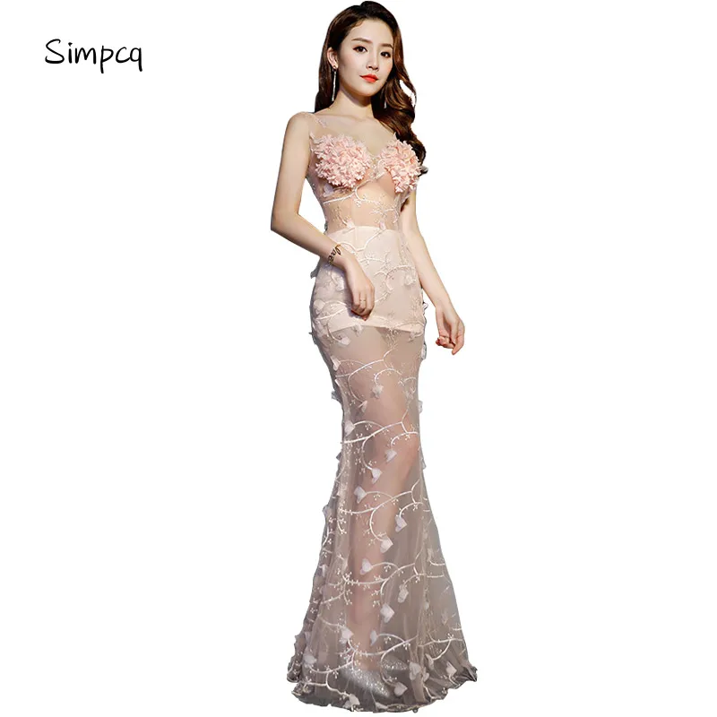 

Simpcq 2018 Vestidos Charm See Through Flower Backless Elegant Mesh Sleeveless Maxi Dress Sexy Spring Autumn Evening Party Dress