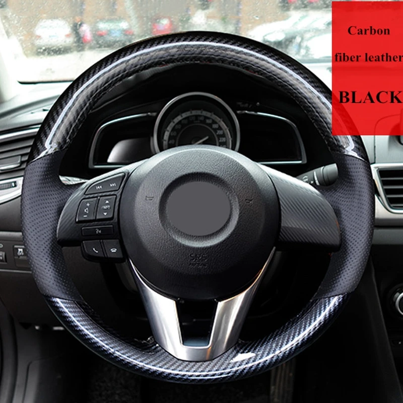 Черный кожаный чехол из углеродного волокна для Mazda рулевого колеса автомобиля CX5