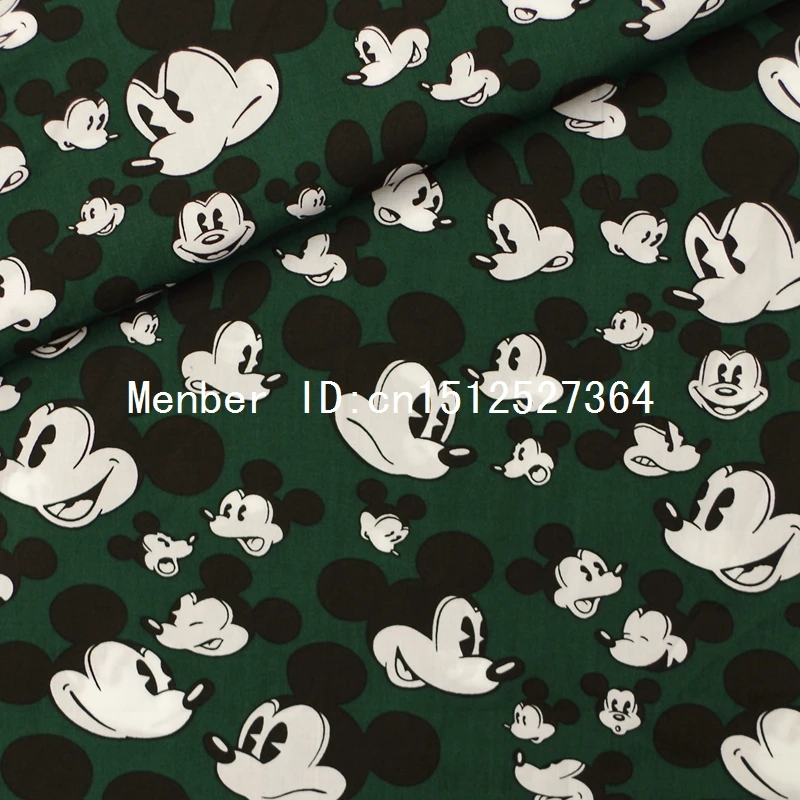 Ткань из поплина хлопка смх 100 см темно зеленая ткань с Микки Маусом (332)|cotton poplin
