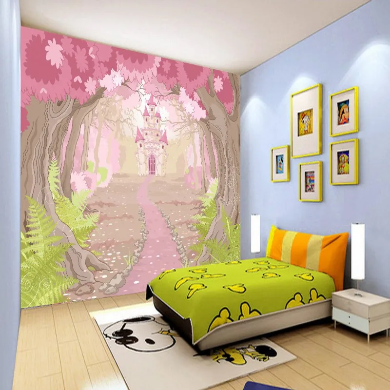 Фотообои ручной росписи мультяшный лес замок феи сказочный мир фон для детской