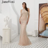 janevini luxury high neck rhinestones mermaid long evening dresses sleeveless beaded tassels sheer back sexy formal party gowns