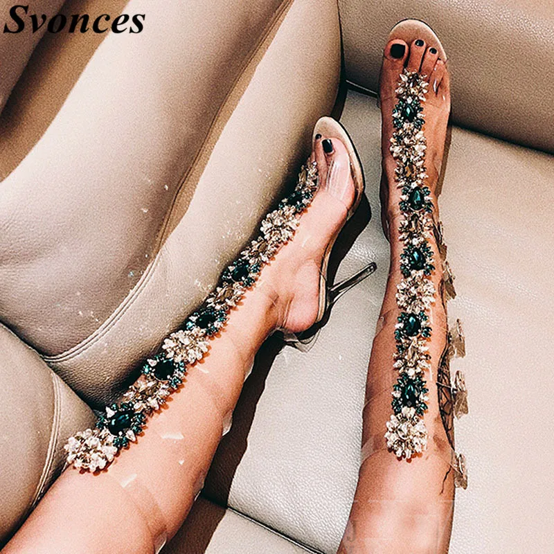 Rihanna драгоценностями прозрачные бретельки на шпильках со стразами женские тонкие сандалии на каблуке гладиатор Сапоги до колена прозрачные вечерние модельные туфли