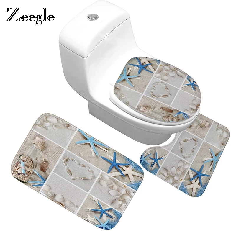 

Zeegle Beach Pattern Bathroom Mat Flannel Fabric Cover Rug Home Decoration Non-slip Mat Toilet Seat Cover Set