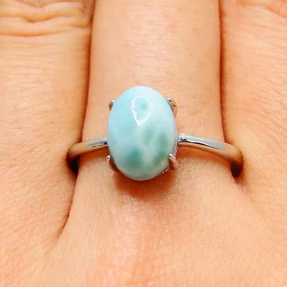 

925 Silver Larimar Ring Oval Natural Blue Larimar Stone Original S925 Sterling Silver Rings for Women Jewelry