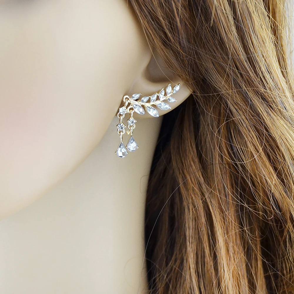 Kayshine Gold-Color Silver Color Rhinestone Leaf Branches With Double Water Drop Chain Earrings For Women Accessories | Украшения и