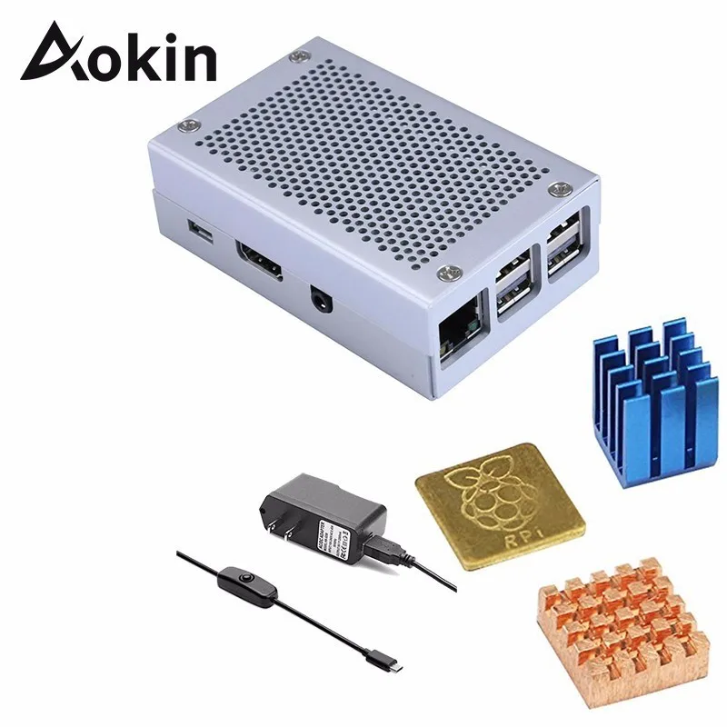 

Aokin For Raspberry Pi Case +Charger Adapter+ Heat Sink Enclosure Kit Silver Metal Case For Raspberry Pi 3 Model B+