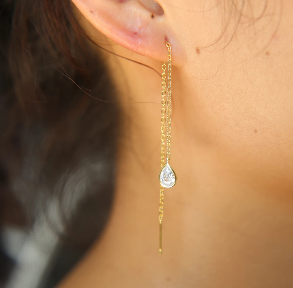 2017 нежные золотые серьги украшенные каплями циркония ААА тонкая цепочка нить cz