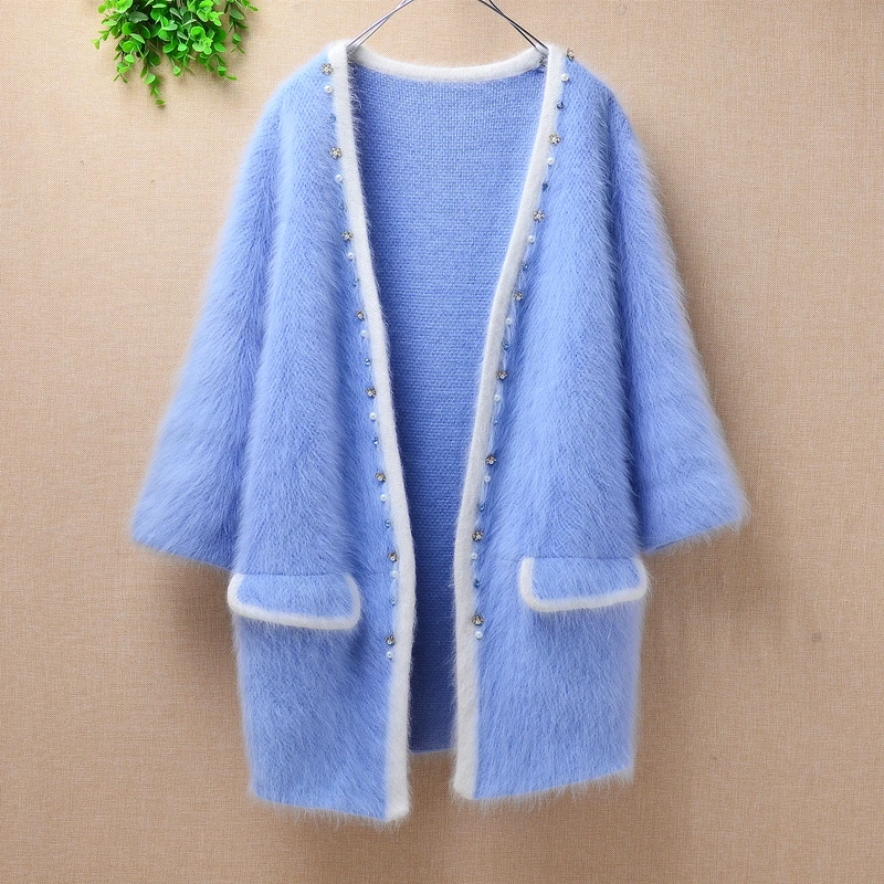 Ladies women winter thicken cute mink cashmere beading flare sleeves fluffy angora rabbit weaving V-neck cardigan coat sweaters