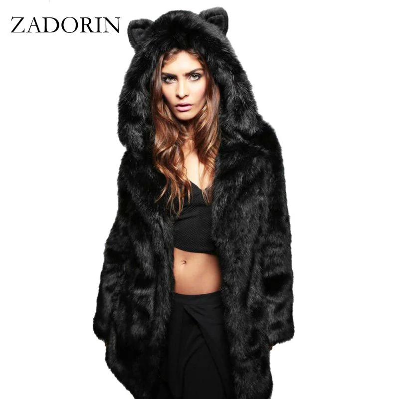 ZADORIN Fashion Winter Women Faux Fox Fur Coat Hooded With Cat Ears Thick Warm Long Sleeve Black Fake Fur Jacket gilet fourrure
