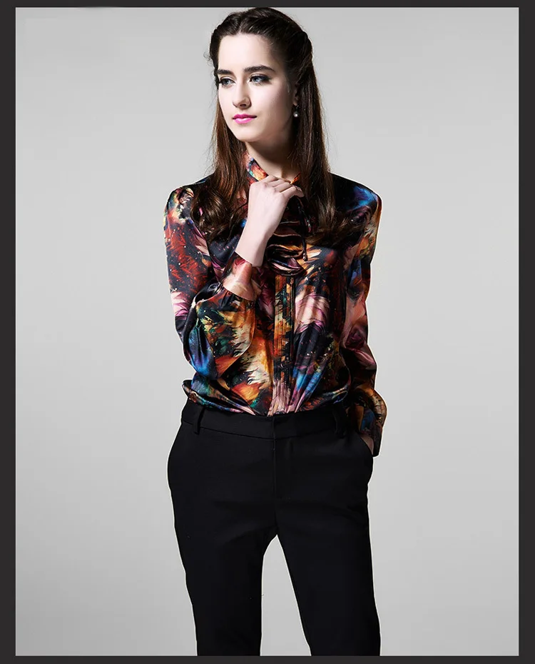 Рубашка из 100% шелка и сатина Женская с принтом новая модель Весенняя рубашка