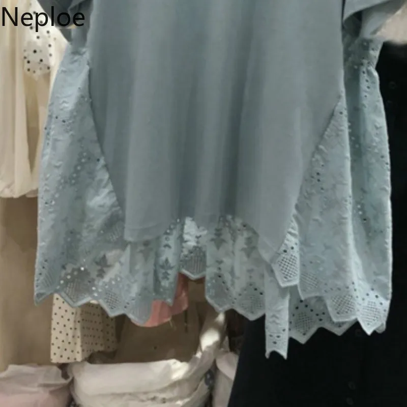 Neploe кружевные лоскутные женские футболки лето 2019 модные с круглым вырезом и