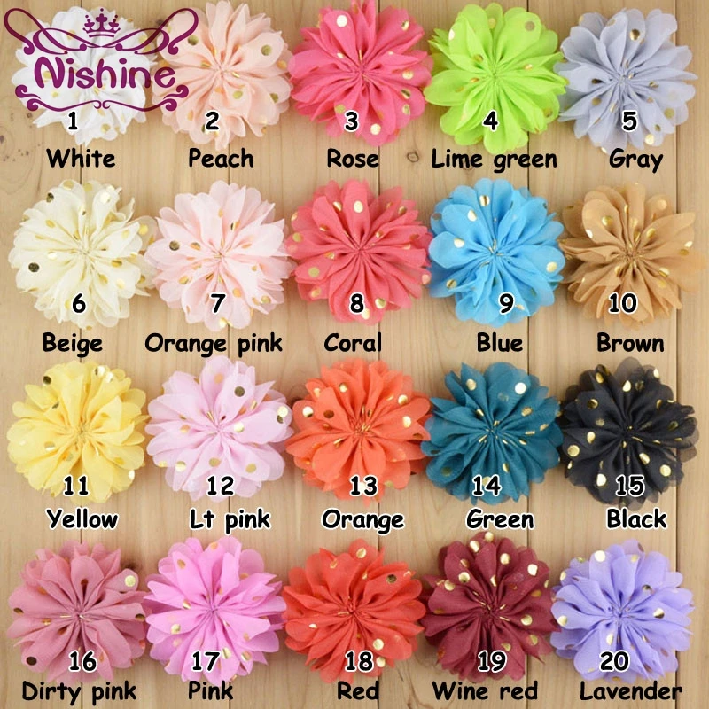 

Nishine 20pcs/lot 3.2" Chiffon Fabric Flowers With Gold Dots Ballerina Ruffle Hair Flower DIY Girls Headband Hair Accessories