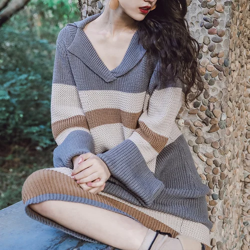 

Winter 2018 Vintage Stripe Loose Knee-length Flare Sleeve Dress Women Chic Knit Dress Womens Patchwork Women's Clothing