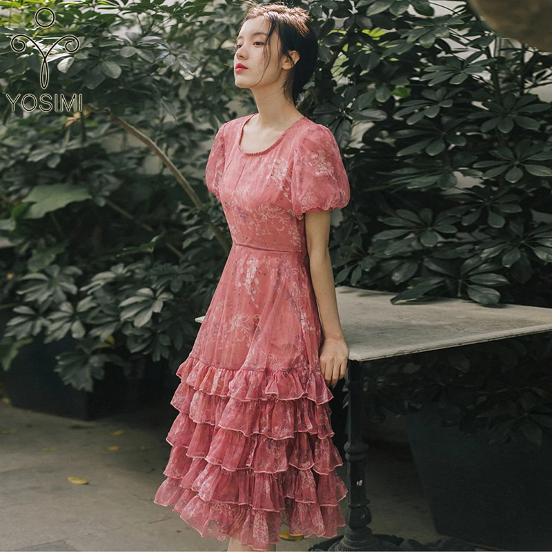 Женское платье миди 2019 летнее с принтом из шифона винтажные оборки круглый вырез