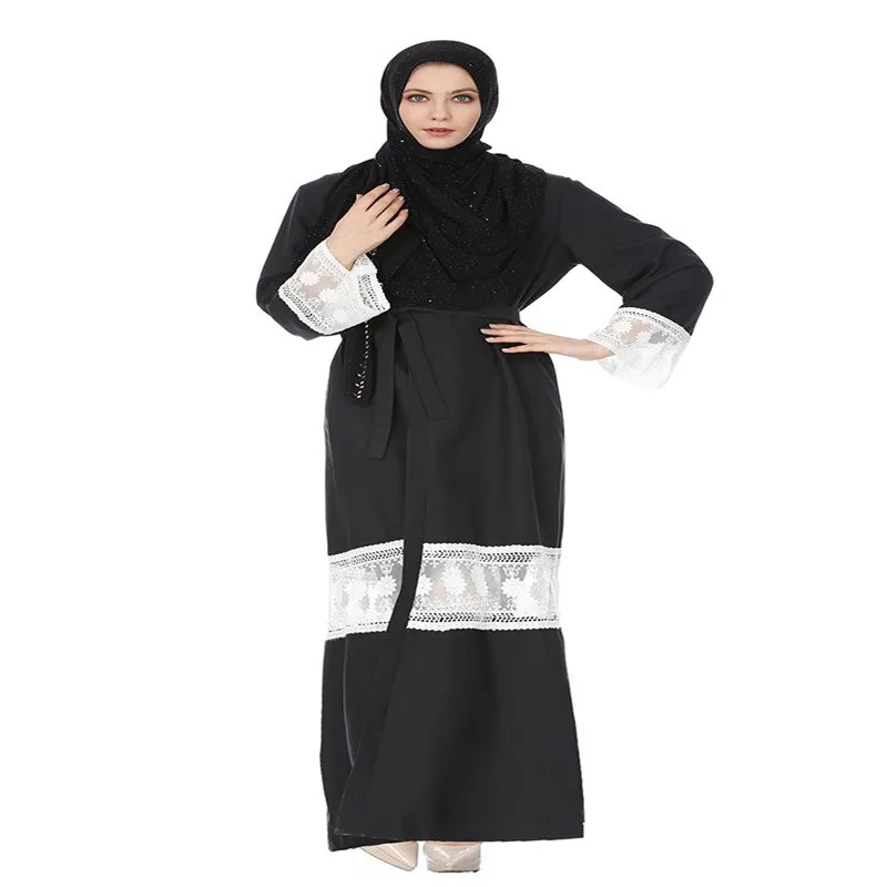 Новый черный Абаи длинные мусульманские платья Кружева Patchworking открытым халат
