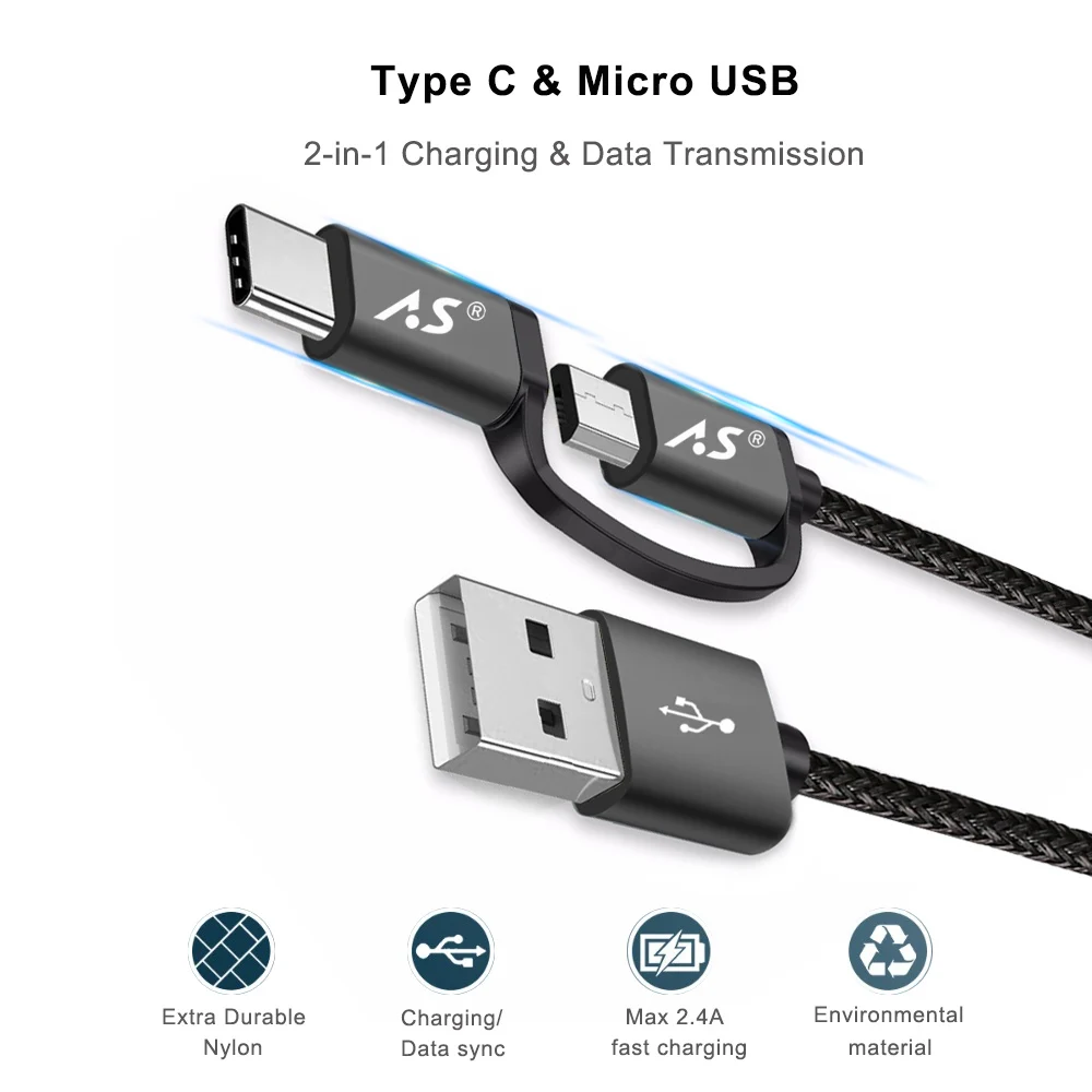 A.S USB Type C Micro 2 в 1 кабель для быстрой зарядки Xiaomi Huawei Samsung Nokia Sony Oukitel кабели