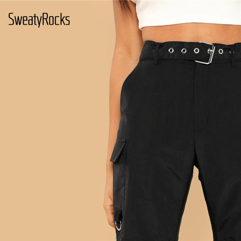SweatyRocks, черные повседневные штаны с карманами и заплатками, эластичные штаны по щиколотку, штаны со средней талией, осенние женские модные штаны