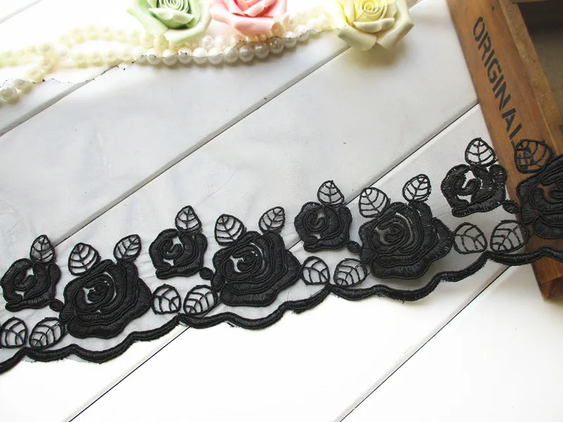 3 м/лот Черная роза машина костяная вышивка кружевная отделка аппликация из