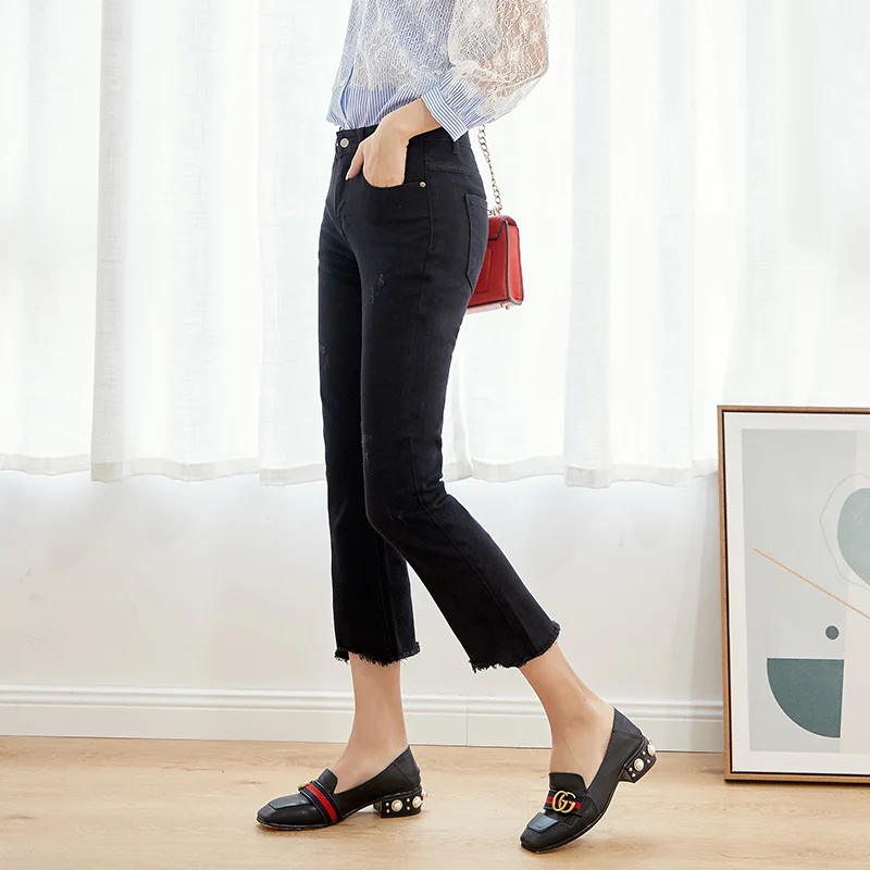 Женские джинсы-капельки LEIJIJEANS черные эластичные брюки до щиколотки со средней