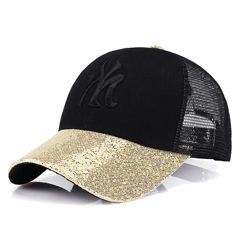 QIXINCAT New Fashion Shiny Glett Women Summer Sports Outdoors Adjustable Mesh Baseball Cap NY Embroidery High Quality Punk Hat - Цвет: Gold