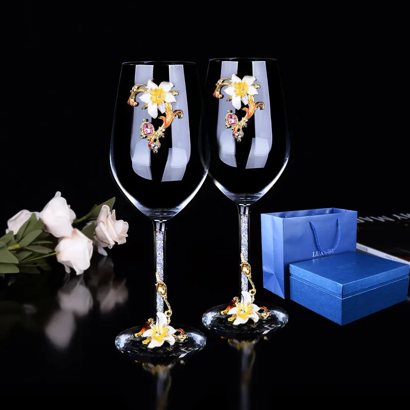 2pcs yellow flower Европа Эмаль Красное вино стеклянная чашка Ретро Кубок Кристалл наборы чашек бокалы для шампанского чашки свадебные бокалы домашняя Питьевая Посуда - Цвет: 2pcs yellow flower