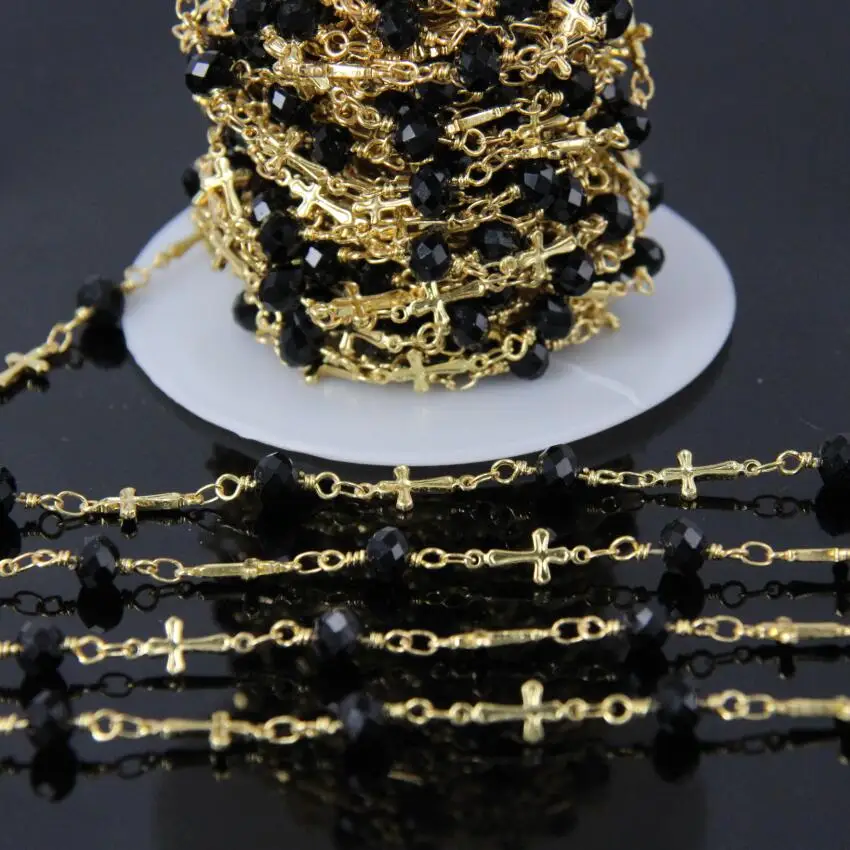 

5Meters,Gold plate Wire Wrapped Link Faceted Black Glass Rondelle Beads Chain,Gold Color Cross Rosary Chainl,4x6mm
