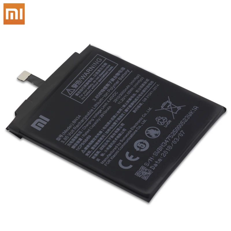 Аккумулятор для телефона Xiaomi BN34 2910 мАч, высокая емкость, высокое качество, для Xiaomi Redmi 5A, оригинальная запасная батарея, розничная посылка