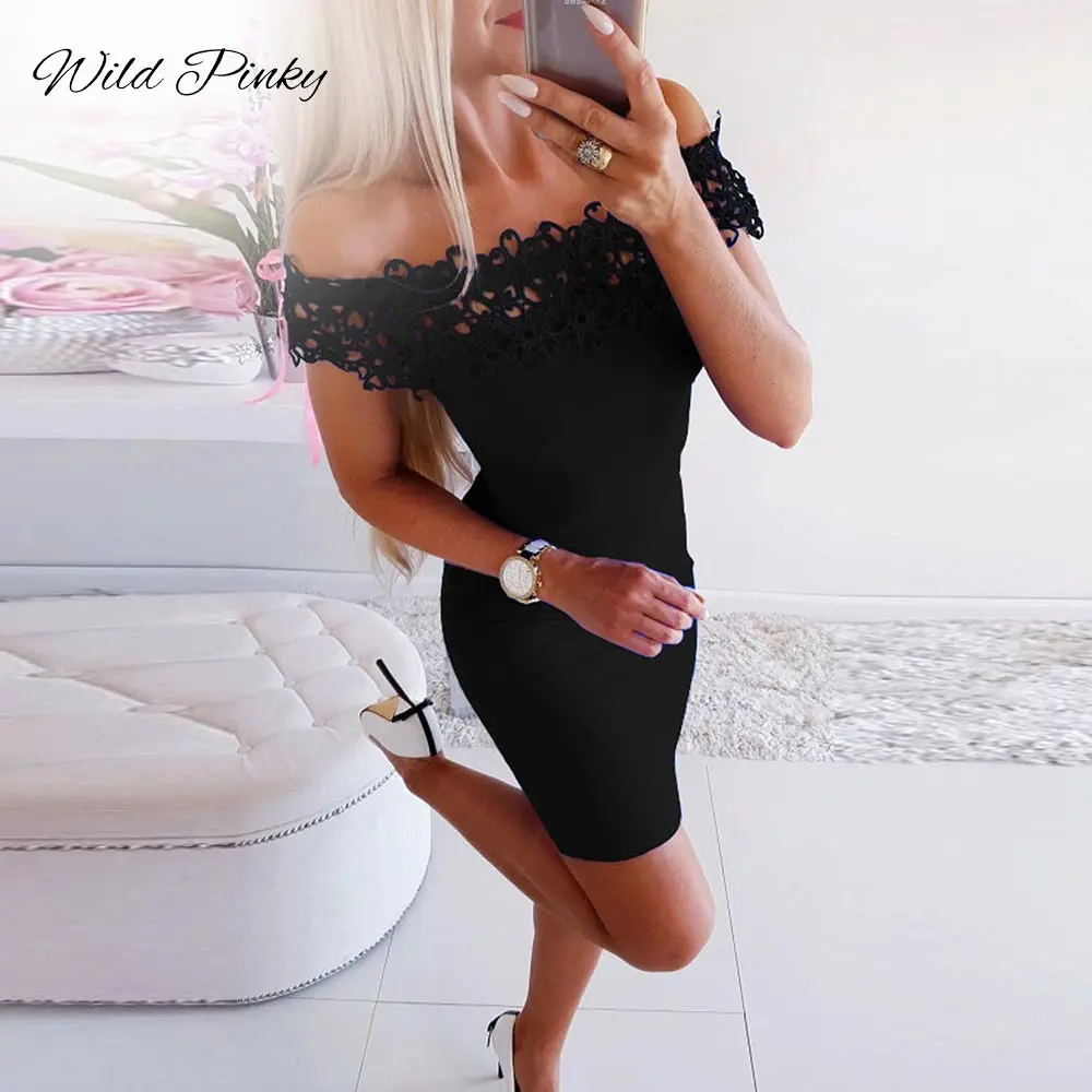 

WildPinky Newest Dress Sexy Fashion Summer Women Off Shoulder With Lace Short Sleeve Bodycon Party Evening Mini Dress Clubwear