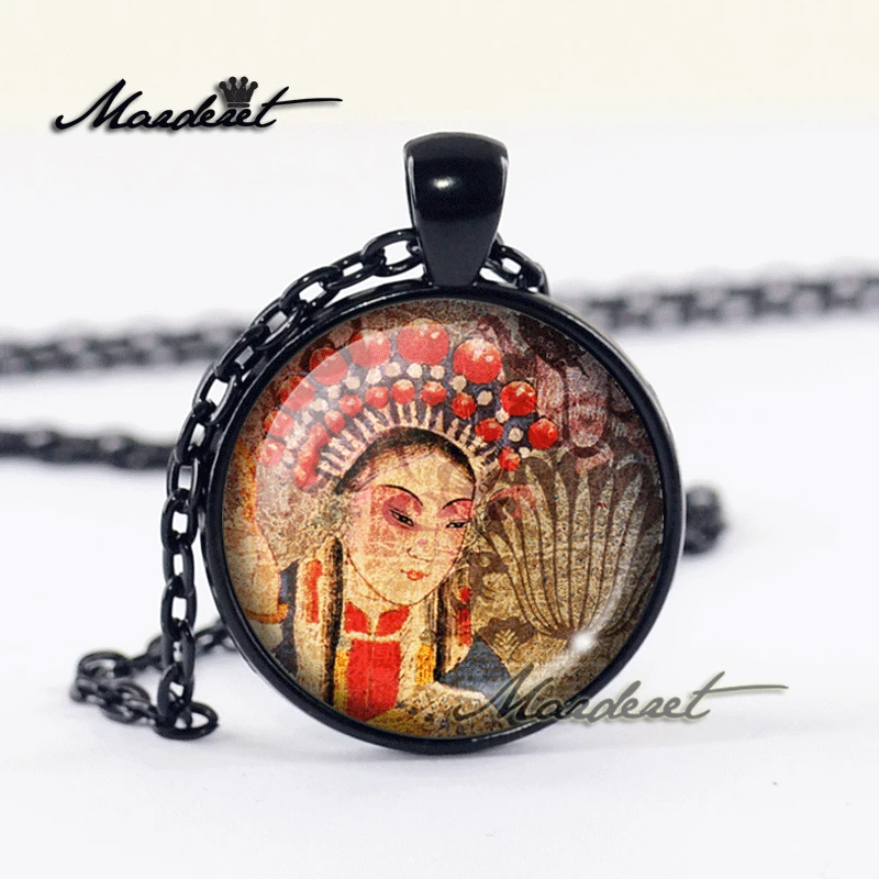 Maderet Vintage Beijing Opera Art Glass Cabochon Necklace Handmade Jewelry Dome Gear Round Retro Pendant | Украшения и аксессуары