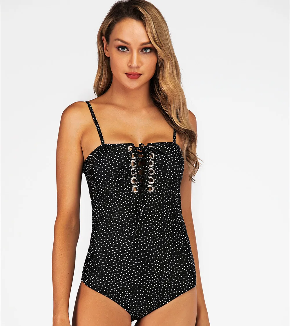 

One Piece Swimsuit Women Eyelets Swimwear Polka Dot Swimsuits Slimming Beachwear Backless Female Monokinis Bodysuit