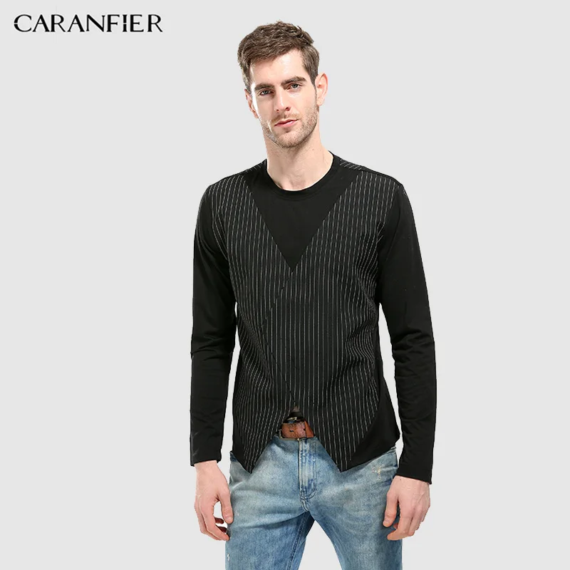 CARANFIER 2018 New Man T-shirts Patchwork Casual Simply Male T-shirt O-Neck Plaid Long Sleeve Fashion Slim Fit Pullover Men Tees | Мужская