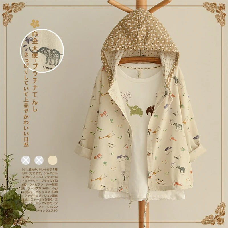 Японская Весна мультфильм животных печати тонкие толстовки Для женщин Mori Girl