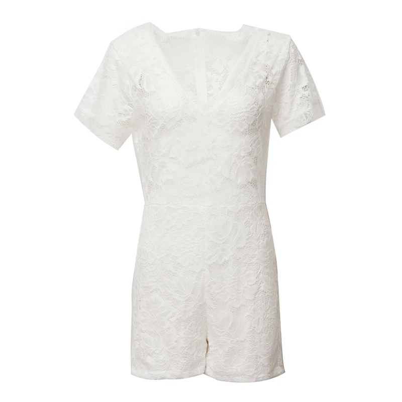 

2019 Summer Sexy Short Jumpsuit Women V-Neck Lace Romper Sexy Clubwear Hollow Out Playsuit Bodycon Short Sleeve Skinny Playsuits