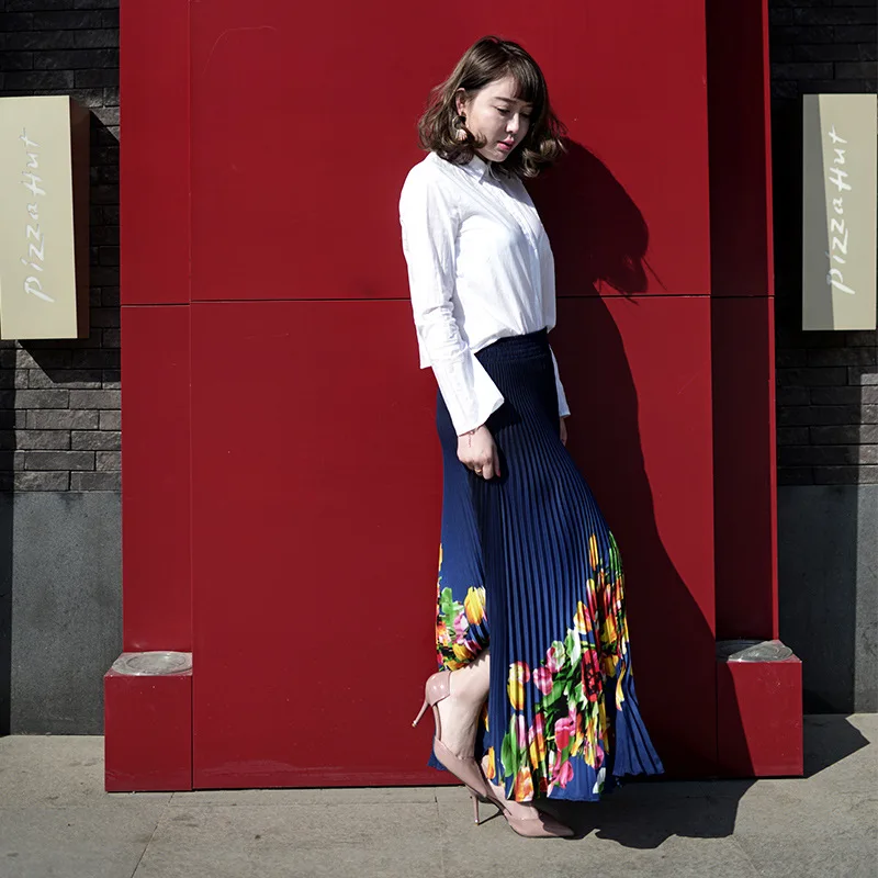 Женская плиссированная юбка в стиле ретро Длинная тонкая макси с цветочным