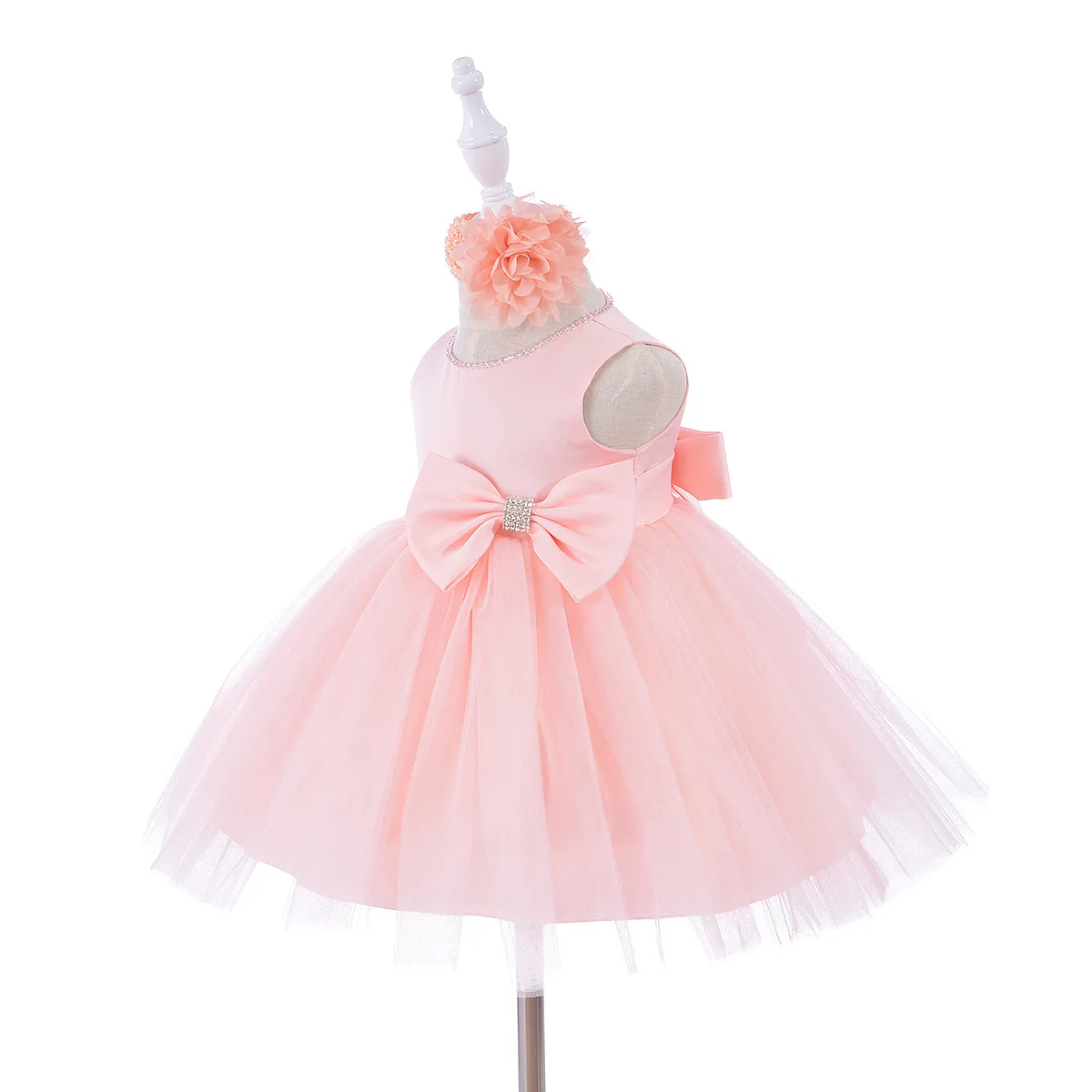 

Baby Girls Clothes Toddler Satin Bodice Tulle Wedding Party Dress with Bow Newborn Girls Baptism Dress