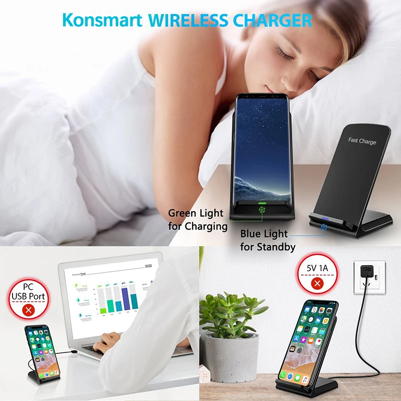 

Konsmart Qi Wireless Charger Adapter QC 2.0 Quick Charge Dock Stand For iPhone 8 10 X Samsung S6 S7 S8 Plus Note5 Fast Charging