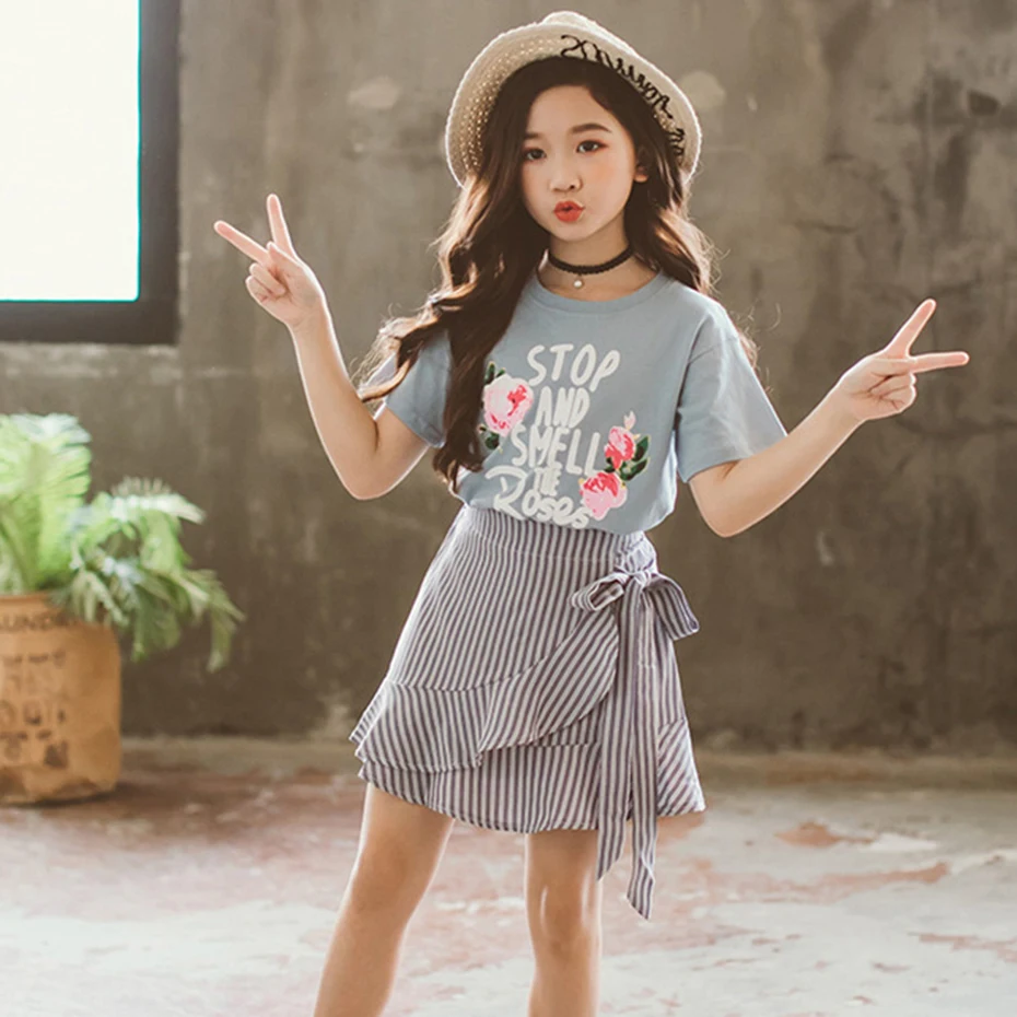 Комплект одежды для девочек рубашка с цветочным узором + юбка в полоску комплект