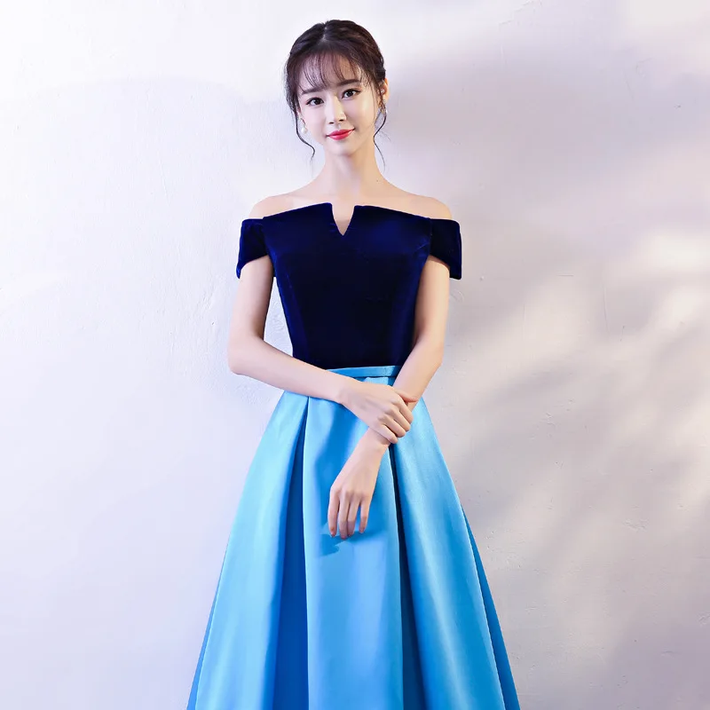 Blue Long Prom Dresses 2019 New Off The Shoulder Gown Satin Formal Dress Women Occasion Party Robe De Soiree | Свадьбы и торжества