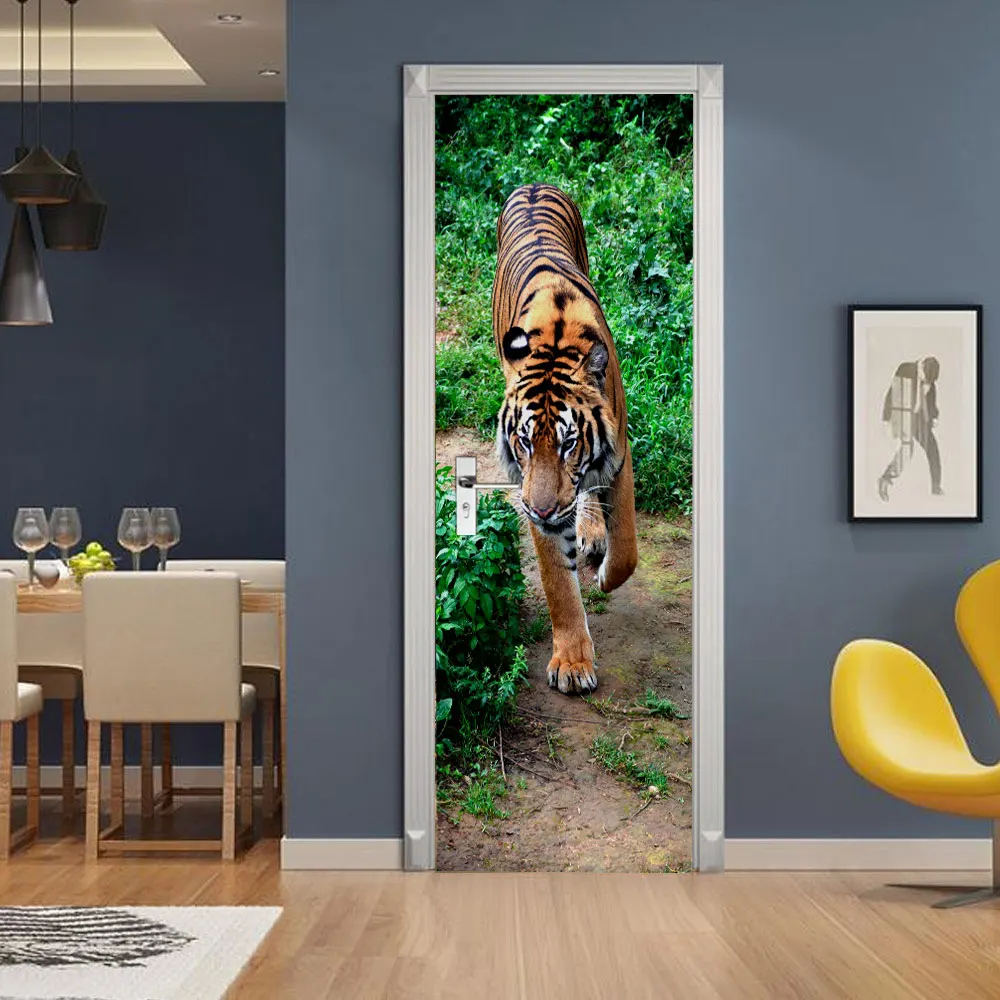 77x200 см 3D DIY искусство тигр двери наклейки обои для гостиной спальня ПВХ самоклеющиеся водоотталкивающие обои наклейки для домашнего декора