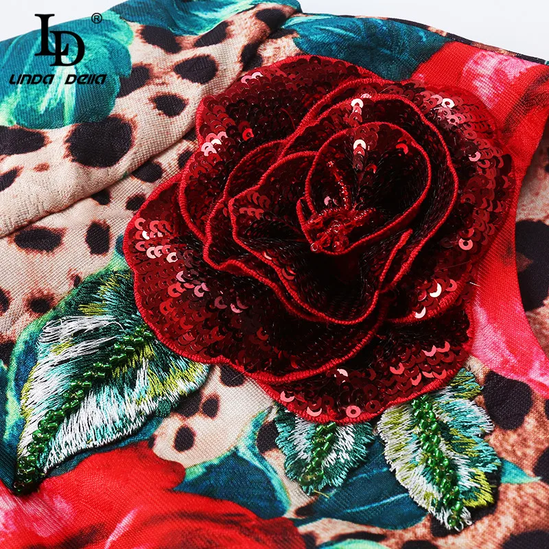 LD LINDA DELLA Fashion Runway Summer Dress Women's Half Sleeve Sequin Floral Leopard Print Sexy Elegant Short vestido | Женская