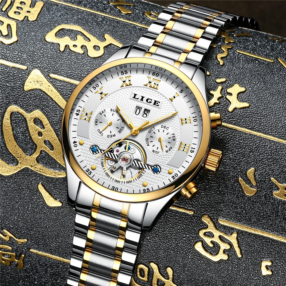 LIGE Fashion Sports Watch Men Business Leather Clock Mens Watches Top Brand Luxury Automatic Mechanical Watch Relogio Masculino