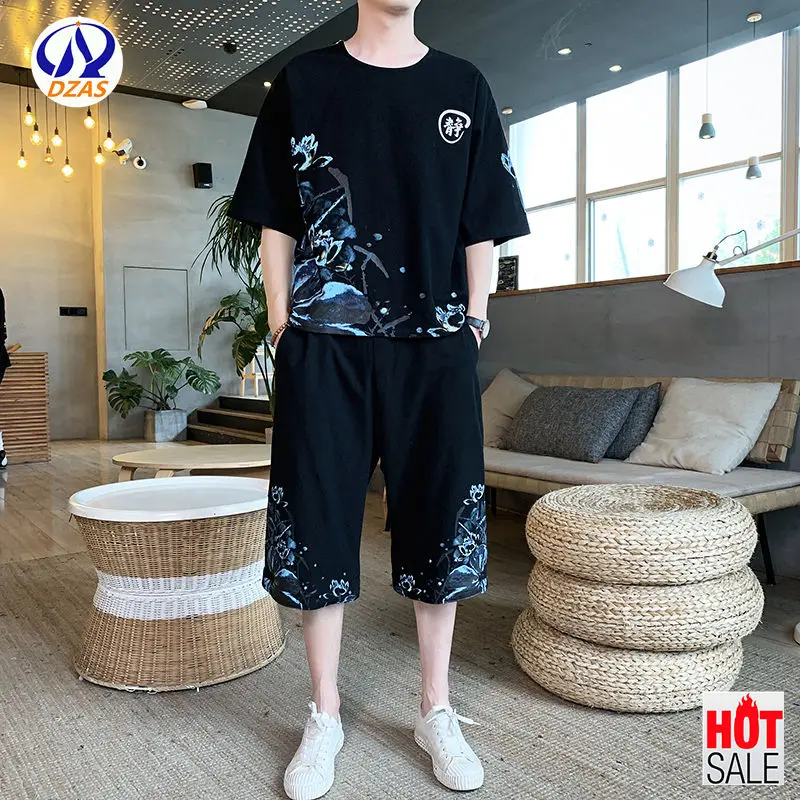 

Summer Youth thin print T-shirt set Chinese wind trend fashion men's loose big code short sleeves