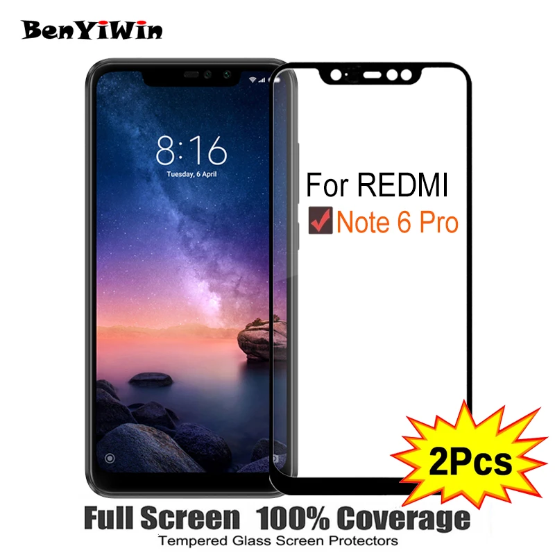 2 шт., полное покрытие, защита экрана, закаленное стекло для XIAOMI REDMI note 6 Pro 6,2", Защитное стекло для REDMI note6 pro, пленочный чехол