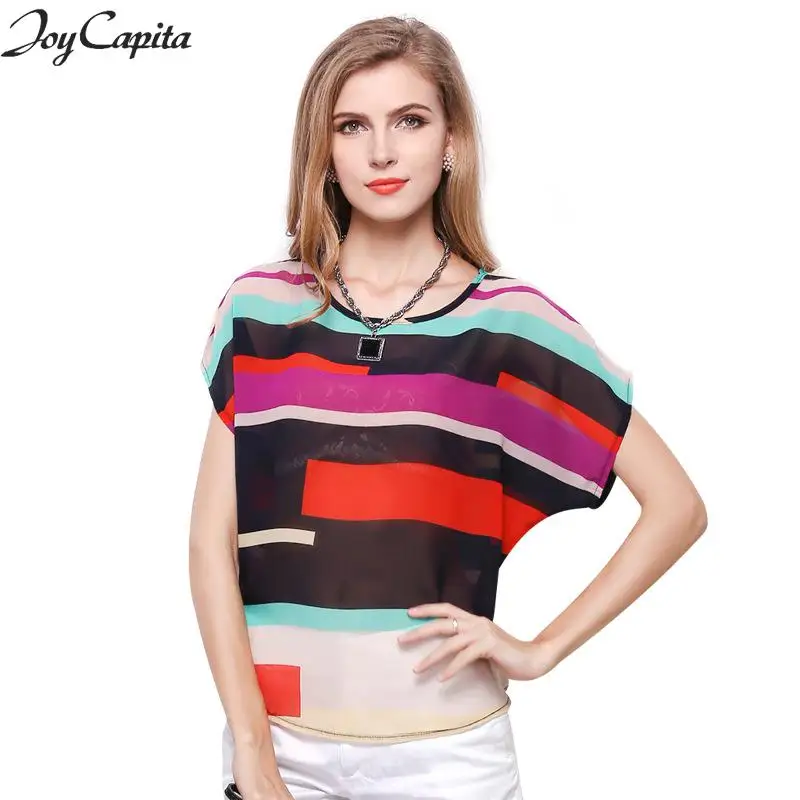 Joy Capita 2017 Striped Chiffon Women Blouses Batwing Sleeve O-neck Brand Blouse Casual Tops |