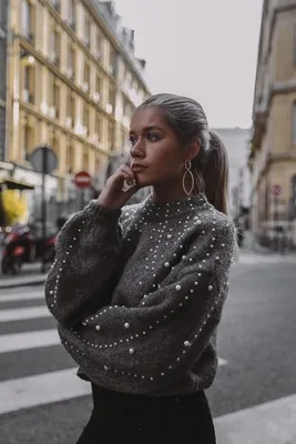 Осень-зима 2018 женские свитера пуловеры бусины рукава-фонарики вязаный свитер