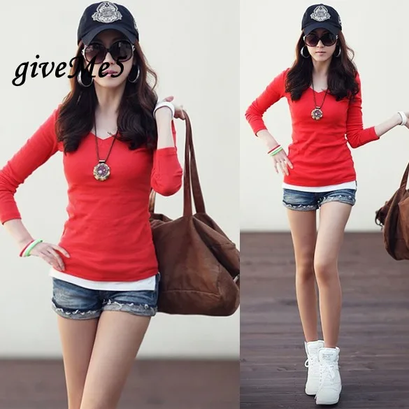 Корея Для женщин хлопок V Средства ухода за кожей шеи Футболка с длинными