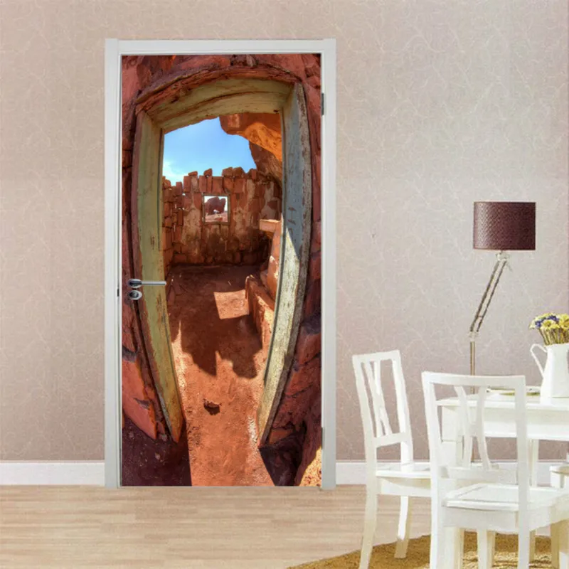 3D наклейки на дверь Вишневое дерево озеро лодка пляжные зонты город осенние